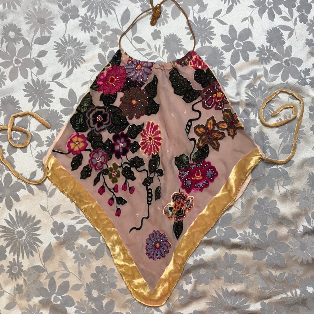 Vintage 90s open back silk velvet beaded halter